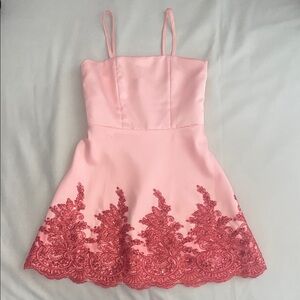 AUVORA Charming Peach Embroidered Duchess Satin Classic Preppy Mini Dress